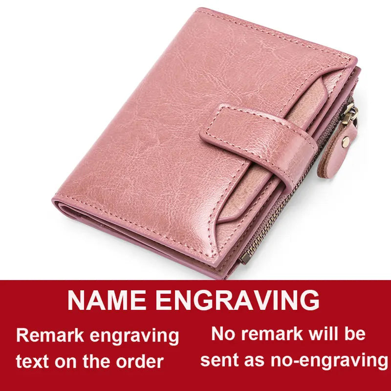 2024 New Short Women Wallets Genuine Leather Zipper Coin Pocket Women Purse Name Engraved Quality Card Holder Kpop Female Wallet
