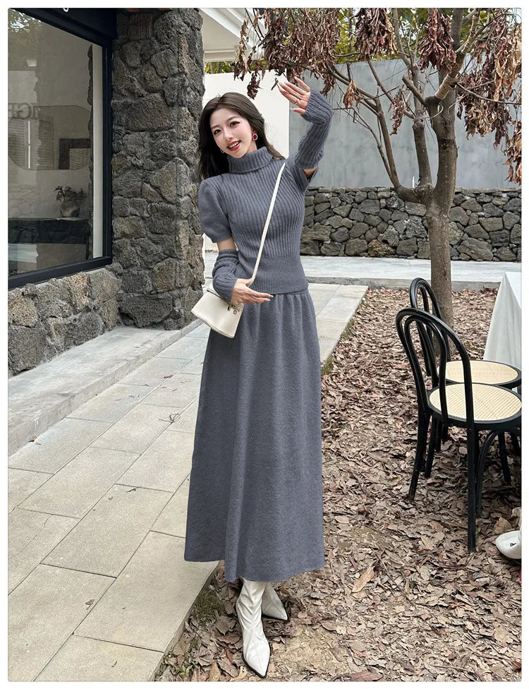VigoAnne Spring Autumn 2025 Turtleneck Knit Woman 2 Piece Set Casual Solid High Waist Skirts Suits Korean Lady Long Dress Suit