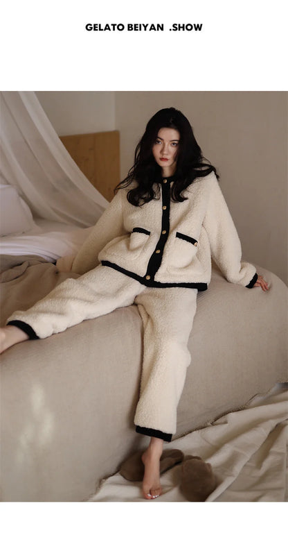 Winter Women Warm Fashion Pajama Sets Sweet   Elegant French Style Girlish Leisure Thicken Flannel Comfort Pajamas.
