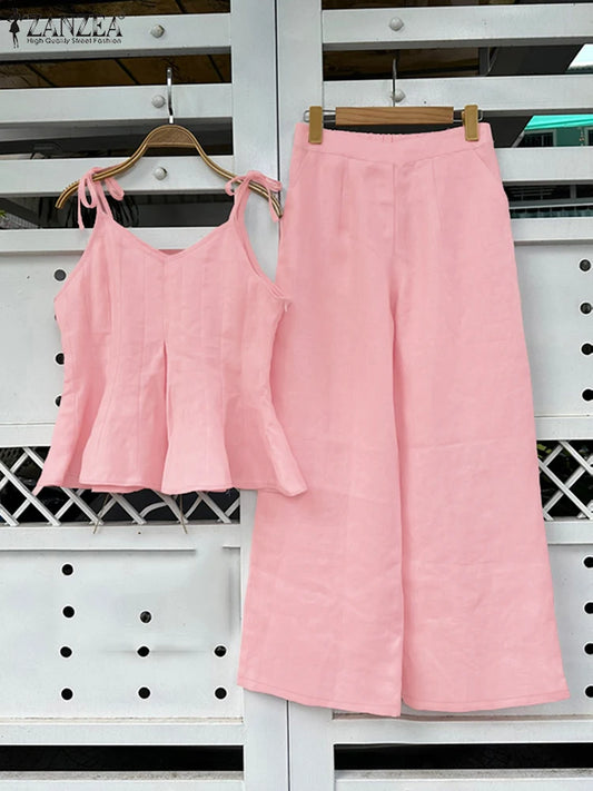 ZANZEA Women Stylish 2 Pieces Pant Sets Spaghetti Straps V-Neck Ruffled Camisole Tops & Wide Leg Pants 2pcs Suits Woman Outfits.