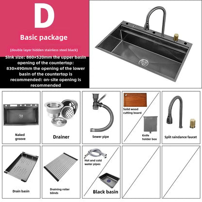 Wasserfall-Küchenspüle aus Edelstahl, extra groß, mit einem Schlitz, multifunktionale Geschirrspülbecken, Unterbaubecken, Tassenwascher