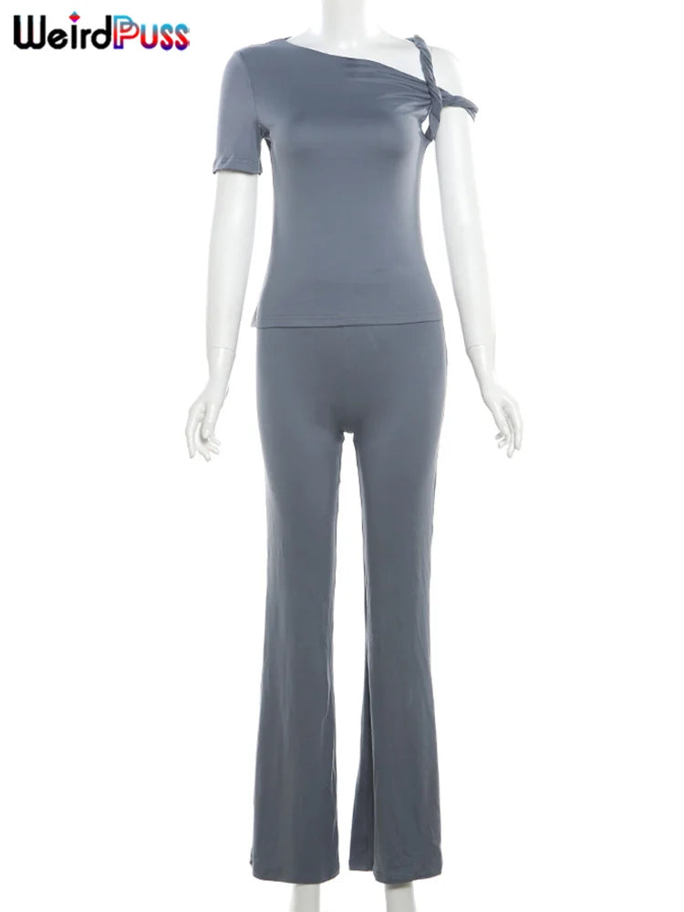 Weird Puss Irregular Knot Women 2 Piece Sets Stretch Casual Short Sleeve Tank Tops+Flare Pants Matching Outfits Slim Streetwear.