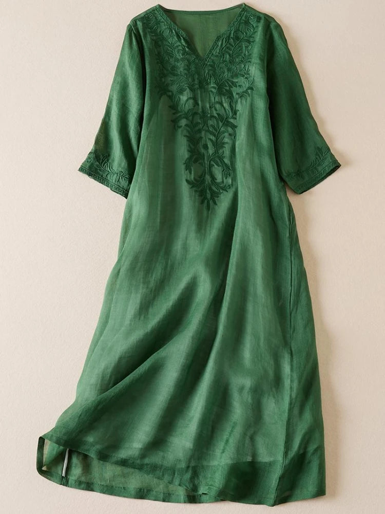 Vintage bedruckte Frauen kleider neue französische lose V-Ausschnitt Kleidung Kurzarm Sommer A-Linie Stickerei Empire Kleid.