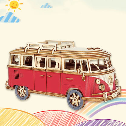 Retro Bus European-style Campervan 3D Wooden Car Puzzle DIY Sailing Ship Airplane Building House Model Jigsaw Toys For Children.