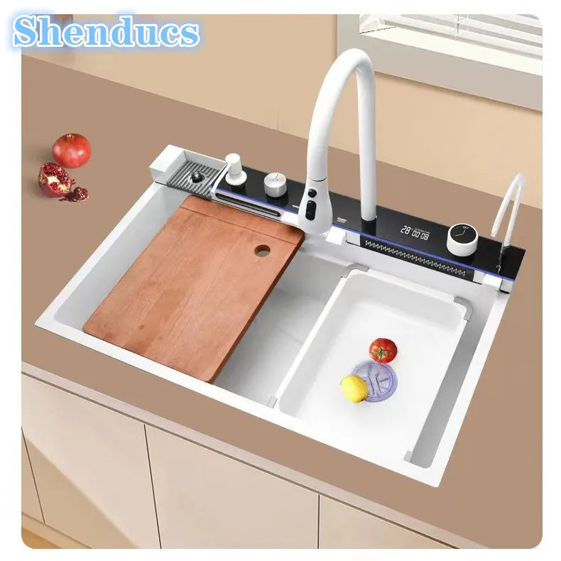 Stainless Steel Kitchen Sink with Hot Cold Pull Out Kitchen Sink Faucets Digital Large Single Bowl Waterfall Rain Kitchen Sinks