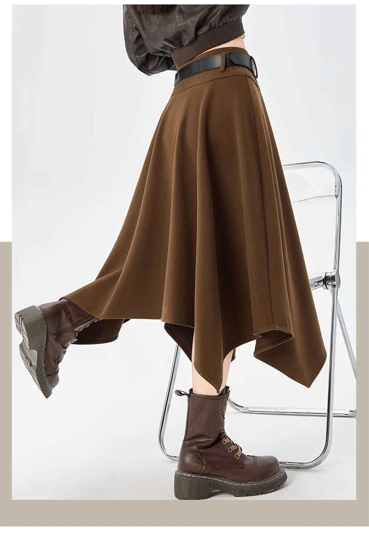 High Quality Irregular Woolen Skirt Women 2025 Autumn Winter New High Waist Slimming Midi Skirt Elegant A-line Faldas with Belt.