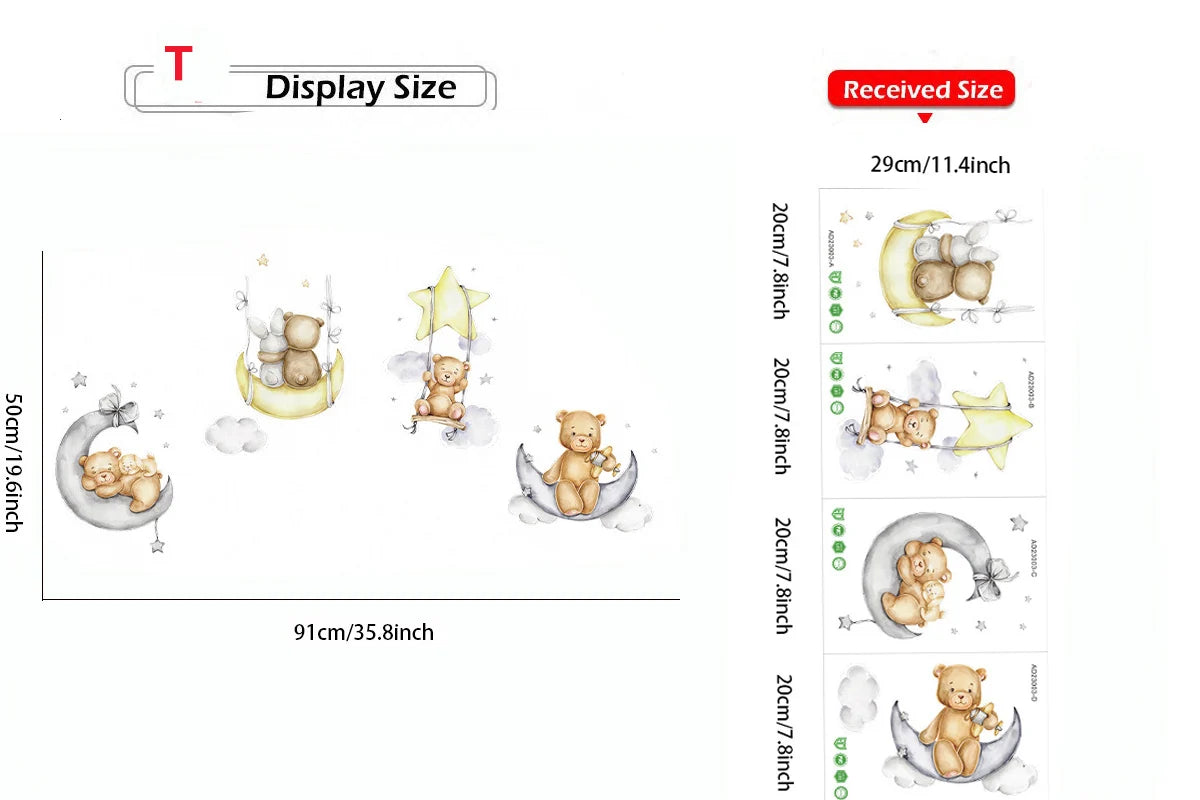 Cute Bear Moon Star Wall Stickers for Kids Rooms Girls Boys Baby Room Decoration Kawaii Cartoon Animal Nursery Wallpaper Vinyl