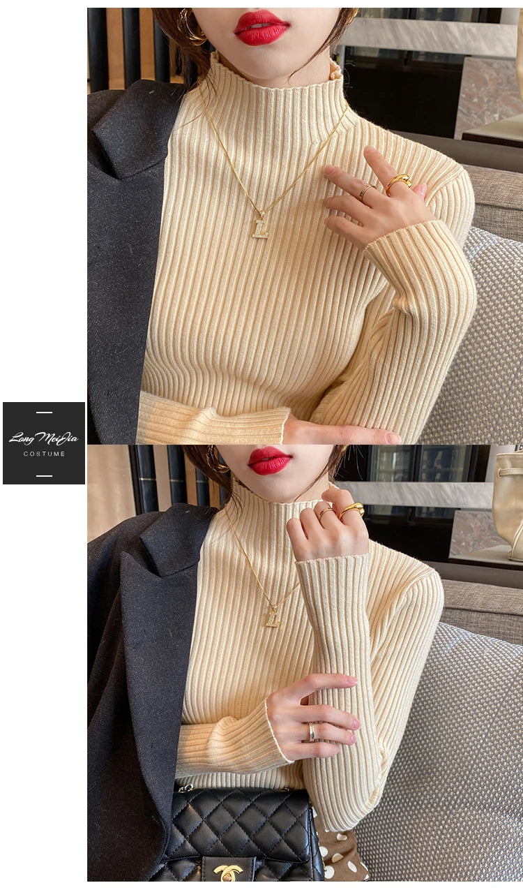 Winter Langarm Mock Neck Gestrickte Frauen Pullover Pullover Schlank Stricken Pullover Frauen Tops Blusas Mujer De Moda 2024 Blusa J995.
