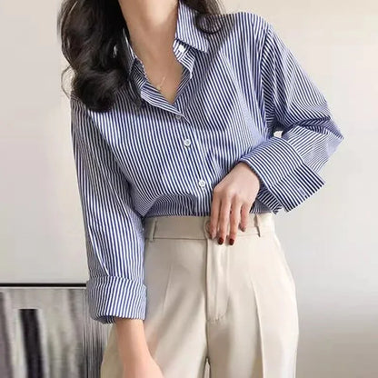 Classic Striped Woman Spring Autumn Blouses Shirt Lady Long Lantern Sleeve Stand Collar Loose Blusas Tops.