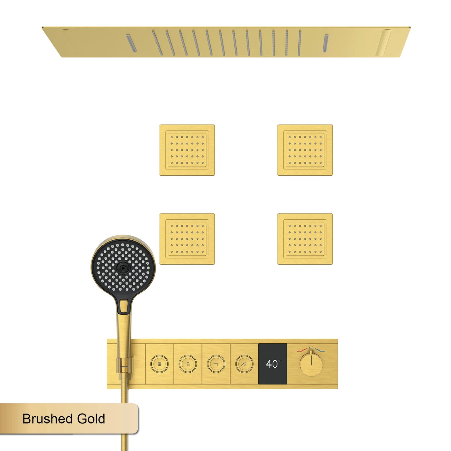 Deckenmontiertes thermostatisches LED-Digitalanzeige-Duschsystem. Eingebetteter Badmischer aus Messing im Wasserfallstil für heißes und kaltes Wasser