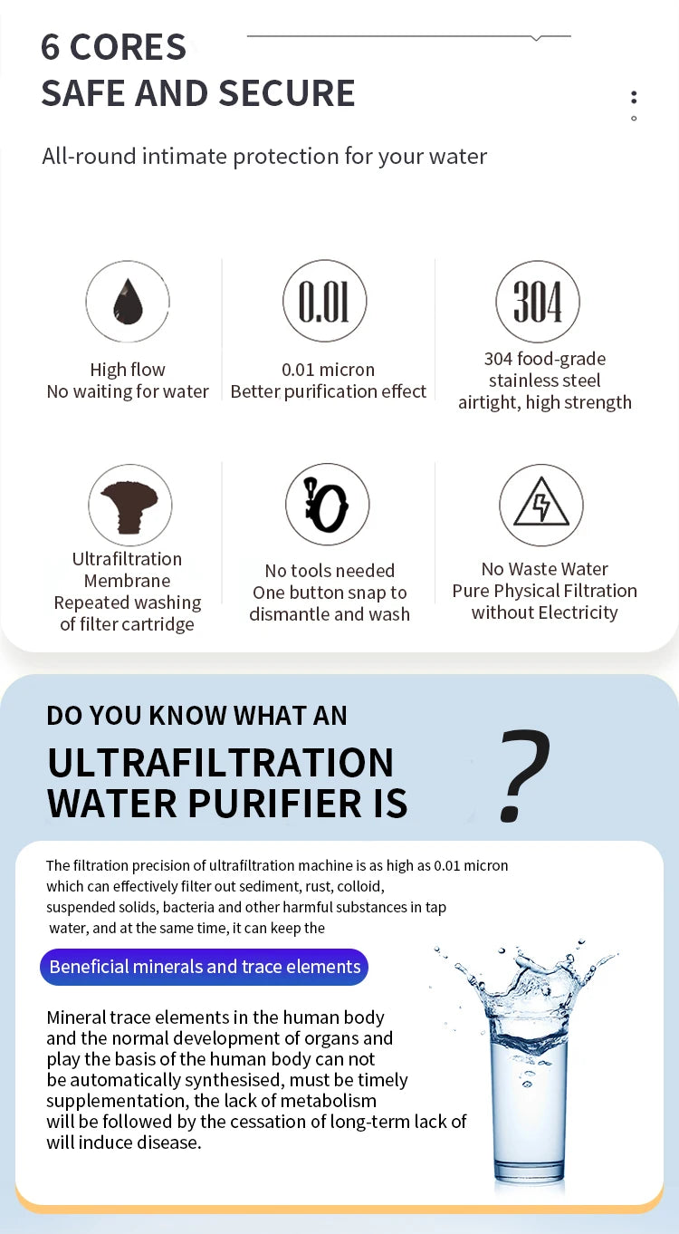 DIVEDEER PVC Filter Cartridge Water Purifier PVDF Ultra Filtration Water Purifier with Cleaning Tube Kitchen Drinking Water.