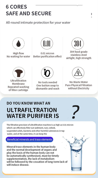 DIVEDEER PVC Filter Cartridge Water Purifier PVDF Ultra Filtration Water Purifier with Cleaning Tube Kitchen Drinking Water.