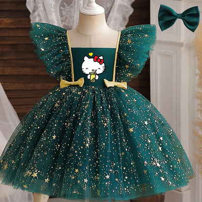 Hello Kitty Prinzessinnenkleid für Mädchen, Pailletten, Stern, Rüschen, Schleife, Tutu-Kleid, Baby, formelles Gala-Abschlussballkleid, Kinder-Abendparty-Kostüm