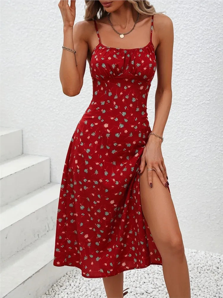 2024 sommer Sexy Spaghetti-trägern Kleid Frauen Mode Polka Dot Print Ärmelloses Schlitz Kleid Boho Casual Strand Midi Kleider