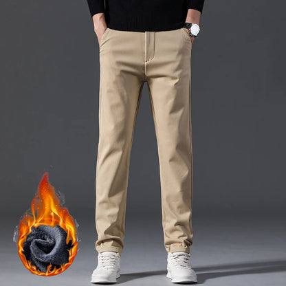 Winter Casual Men Classic Style Business Warm Plush Trousers Regular Thick Fur Pants Male Fleece Elastic Straight Formal Pants.