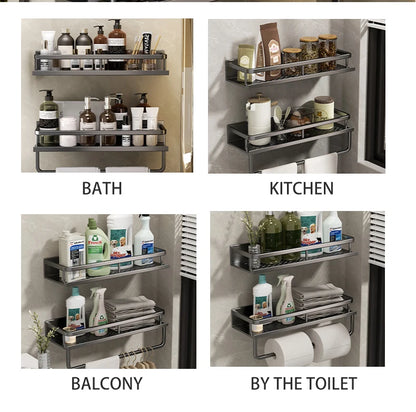 Bad Regal Make-Up Lagerung Organisatoren Aluminium Dusche Shampoo Handtuch Rack Regale Kein Bohrer Wand Regal Bad Zubehör