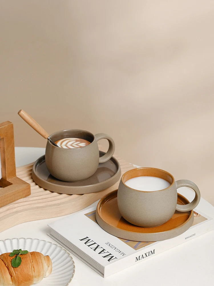 Retro Coarse Pottery Mug and Saucer Combination Japanese Coffee Cup Set Nordic Afternoon Tea Breakfast Cup Latte Coffee Mug.