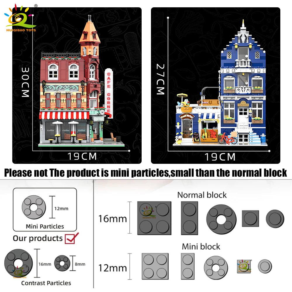 HUIQIBAO Toys MOC City Corner Coffee Shop Architecture Style Street View Micro Building Blocks for Children Construction Bricks.