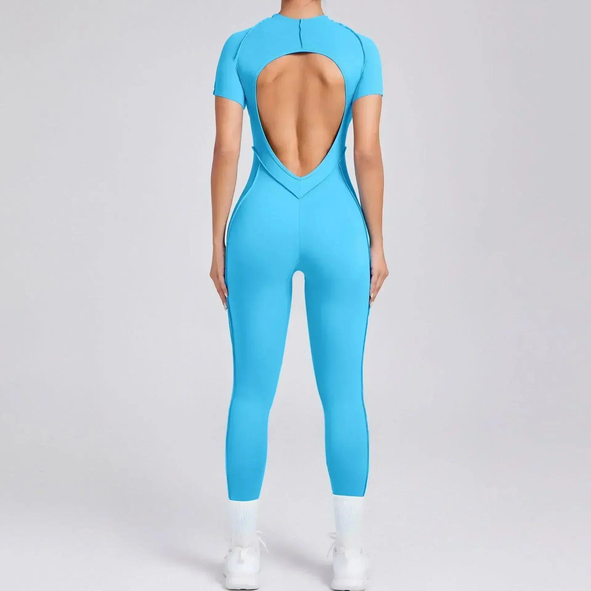Seamless Yoga Jumpsuits Sports Fitness Hip-lifting Backless Short-sleeved One-piece Workout Gym Leggings Tracksuits for Women.