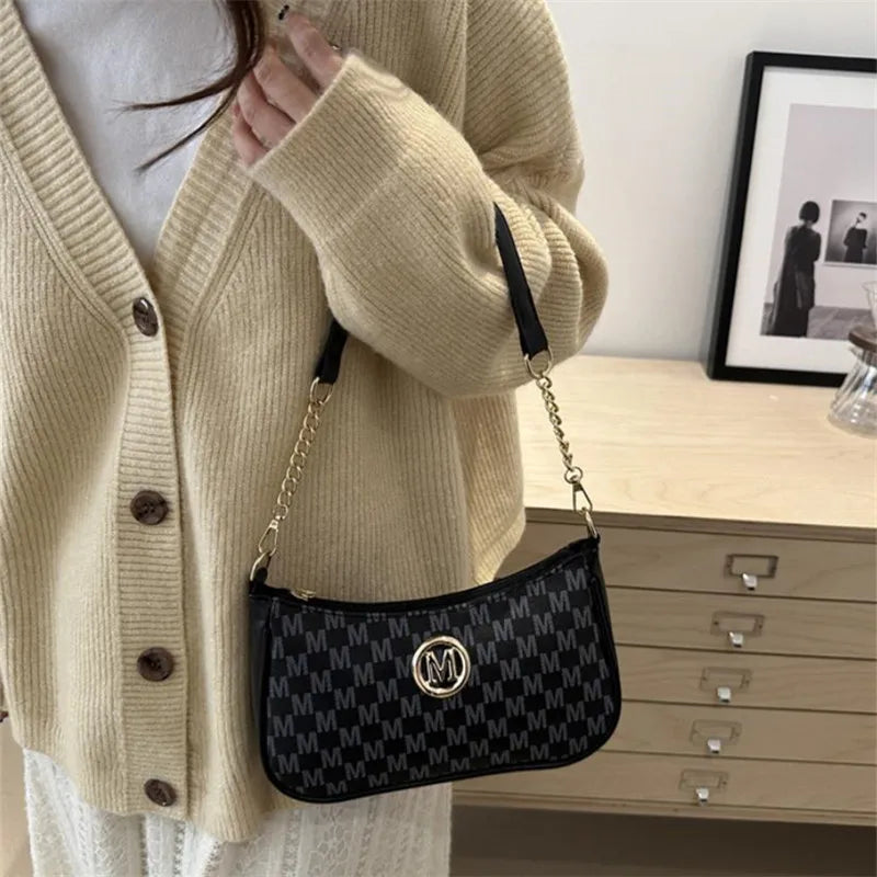 Vintage Style Handbag Crossbody Bag, Gold Letter 'M' Design Pu Leather Shoulder Messenger Bag, Synthetic Leather Tote Bag, Purse.