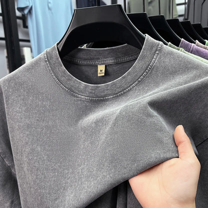 Personality washed vintage short sleeve T-shirt high-end 100% pure cotton men fashion round neck comfort lightweight casual top