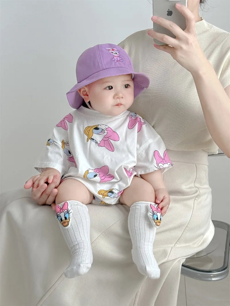 Baby Mädchen Bodys Jungen Neugeborenen Socken Hut 3PCS Kleidung Set Kurzarm Cartoon Daisy Donald Duck Infant Bodys K594-2.