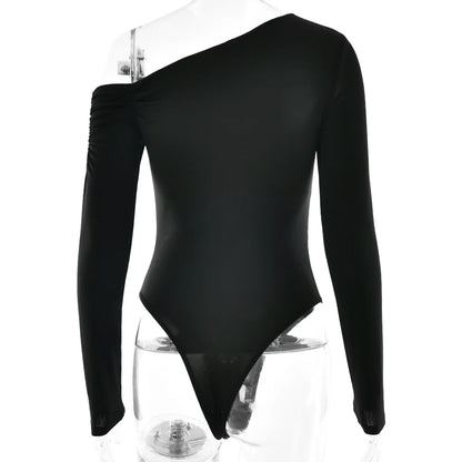 Cryptographic Fashion Solid Long Sleeve Bodysuits Elegant Outfits Slim Asymmetrical Tops Streetwear Basic One Piece Clothes.