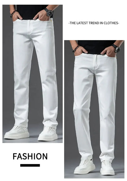 2024 New Summer Thin Men's Straight Denim Cotton Stretch Creamy-white Jeans Classic Business Pants Fashion Trousers Male Brand.