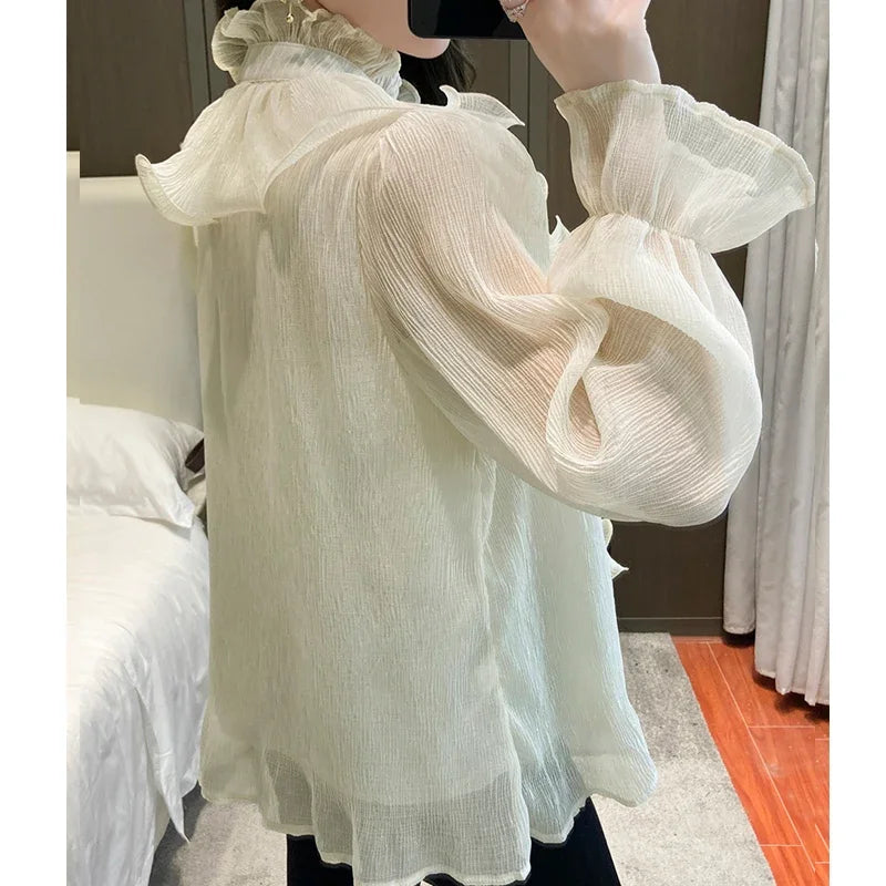 Autumn Vintage Ruffles Clothes Lace Blouse Women Spring Stand Collar White Chiffon Shirt Long Puff Sleeve Loose Tops Elegant.