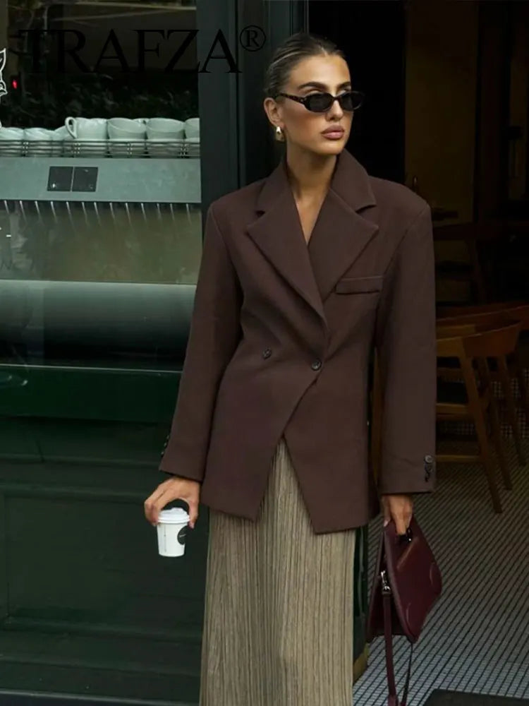 TRAFZA Frauen Elegante Feste Revers Zwei Tasten Anzug Jacke Mode Lange Hülse Dünne Kurze Mäntel 2024 Neue Casual Büro Dame Blazer.