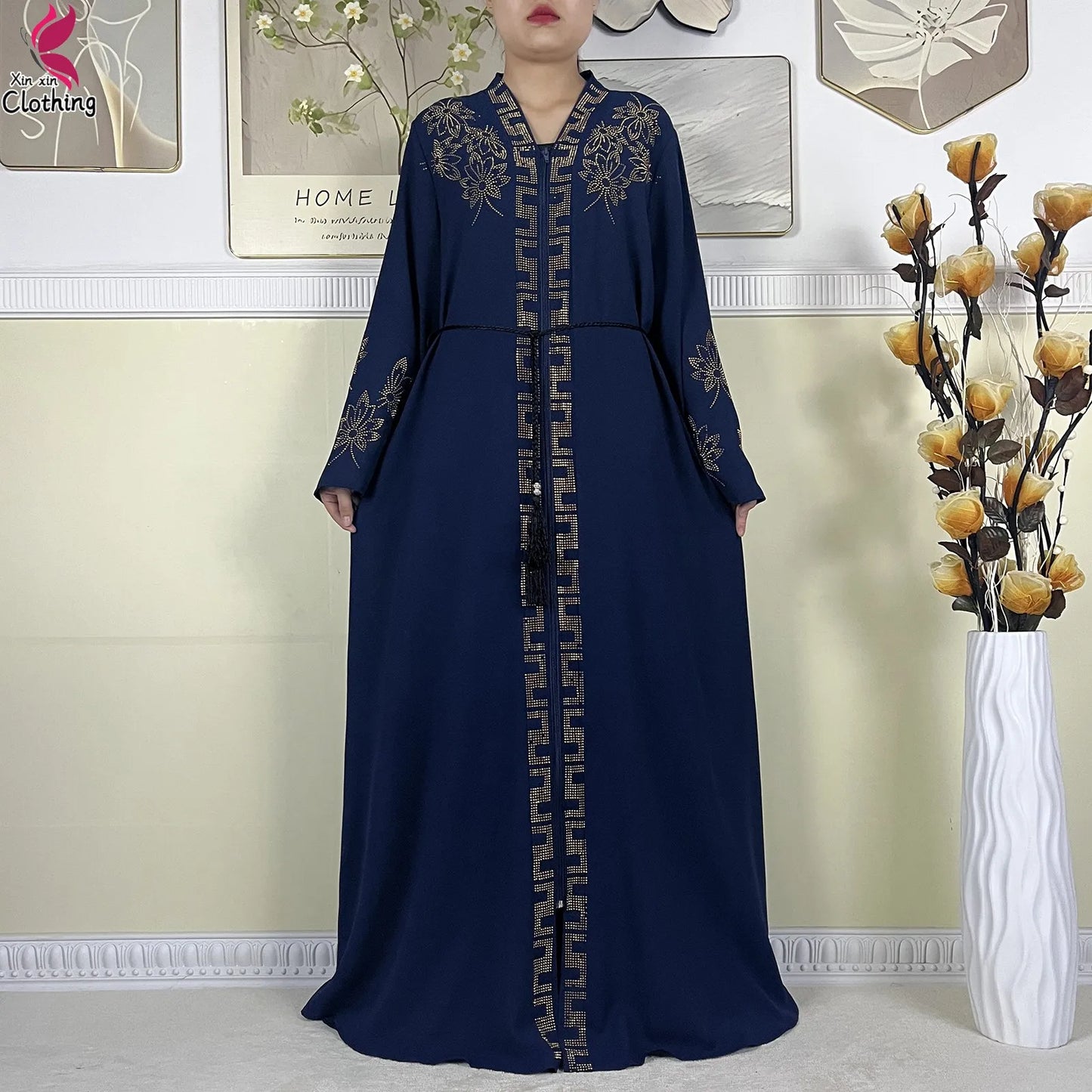 New Muslim Abayas For Women Long Sleeved Dress Dubai Lady Elegant Long Dress Islam Clothing African Abaya Loose Robe With Turban.