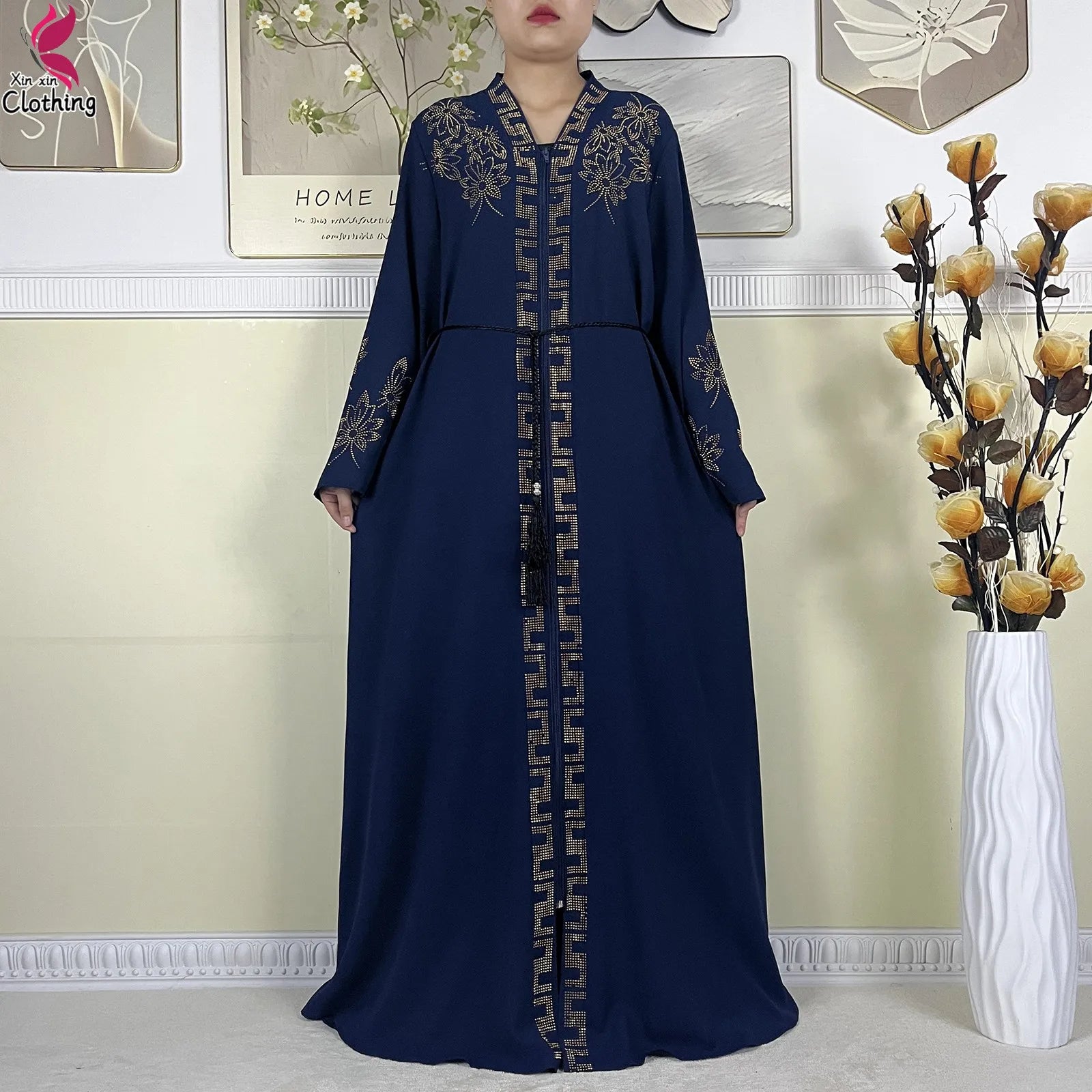 New Muslim Abayas For Women Long Sleeved Dress Dubai Lady Elegant Long Dress Islam Clothing African Abaya Loose Robe With Turban.