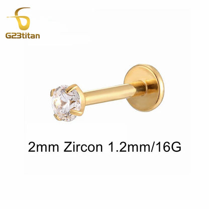 16G 18G Titanium Labret Stud Lip Ring Ear Helix Conch Trage Earring 2-4mm Zircon 0.9mm Internally Threaded Body Piercing Jewelry