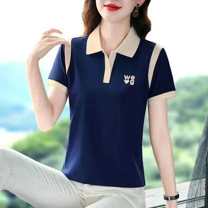 Sporty Short Sleeve Polo Shirt for Women Summer Fashionable Hong Kong Style Top Slim Fit Mixed Fabric Trendy T-Shirt