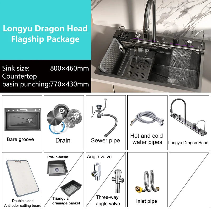 Stainless Steel Kitchen Waterfall Sink Embossed Digital Display Large Single Slot All-in-one Faucet Multi-functional Wash Bain