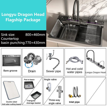 Stainless Steel Kitchen Waterfall Sink Embossed Digital Display Large Single Slot All-in-one Faucet Multi-functional Wash Bain