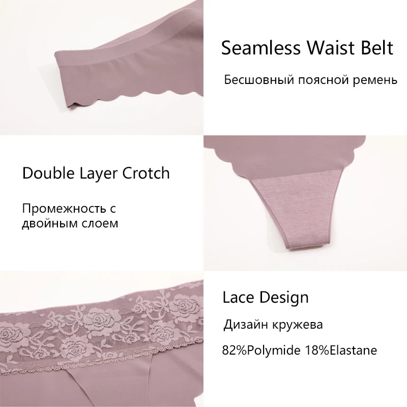 3Pcs Seamless Thongs Patchwork Lace Floral Underwear Women Ultra-Soft G-String Sexy Low Waist Panties Girls No Trace Lingeries.