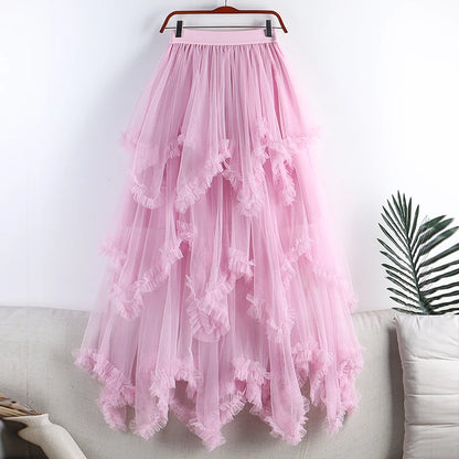 Autumn Winter New 2025 Irregular Cake Tulle Skirt Women Sweet Midi Long High Waist A Line Skirt Female Mesh Party Skirt Lady