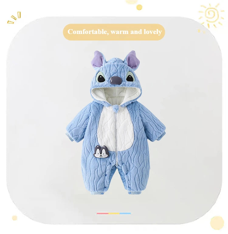 MINISO Stitch Winter Baby Verdickte Gepolsterte Baumwolle Kletterkleidung Niedlicher Säuglingsbodysuit Warmes Ausgehen Outfit Kawaii 0-1 Jahre.