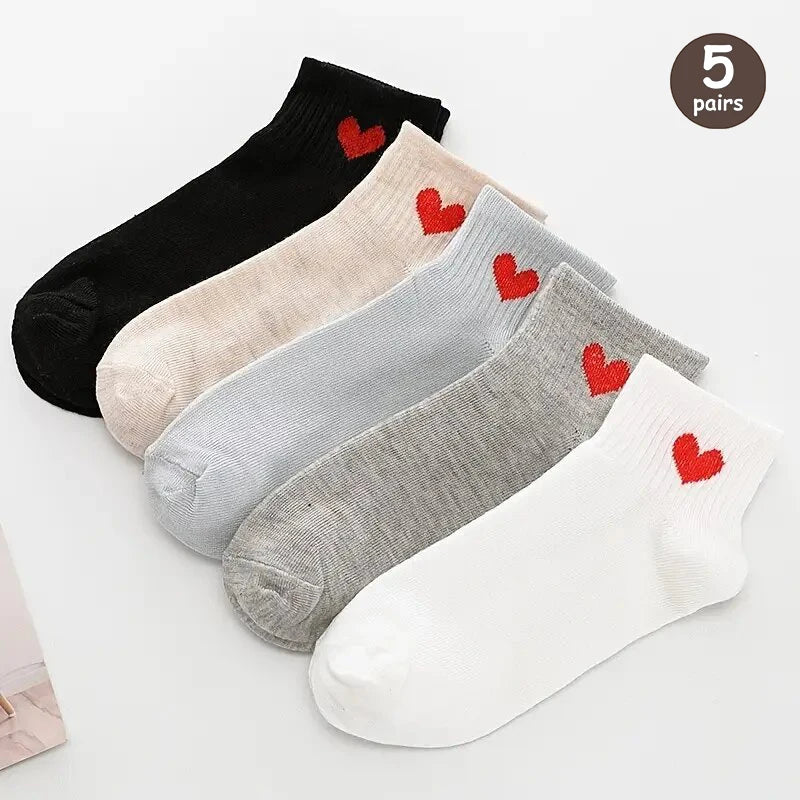 5 Pairs Women Cartoon Patterned Socks Trendy Versatile Breathable Sweat Wicking Deodorizing Antibacterial Comfortable Socks.