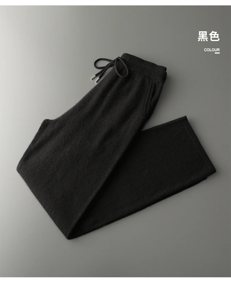 Classic Versatile 100% Cashmere Pants Men High Waist Knitted Straight Pants Solid Color Loose Thin Wide Leg Pants