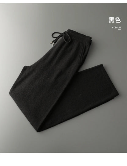 Classic Versatile 100% Cashmere Pants Men High Waist Knitted Straight Pants Solid Color Loose Thin Wide Leg Pants