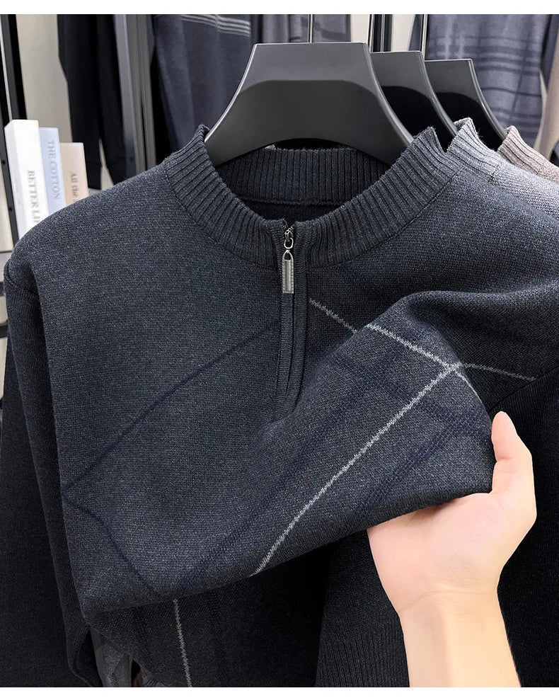 Men's New Thickened Turtleneck Knitwear Autumn Winter New Zipper Solid Color Sweater Middle Aged Warm Knit Top.
