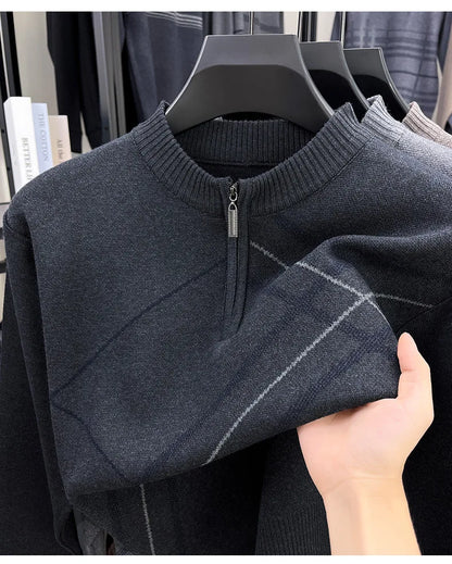 Men's New Thickened Turtleneck Knitwear Autumn Winter New Zipper Solid Color Sweater Middle Aged Warm Knit Top.