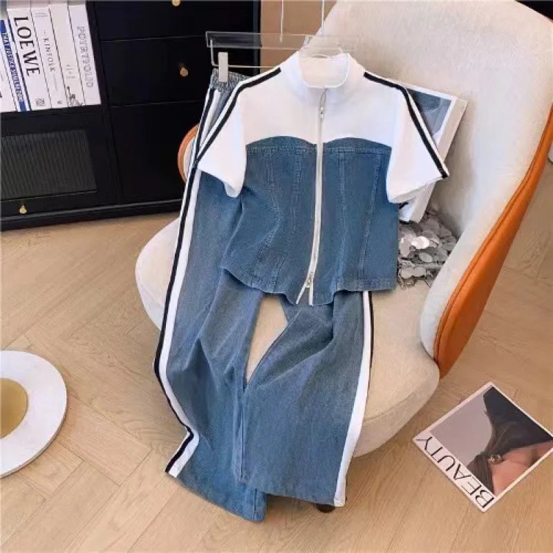 Pant Set Women Two Piece Sets Denim Splice Zipper Matching Sets Casual Coats Wide Leg Long Pants Lace Up Elastic Waist 2025.