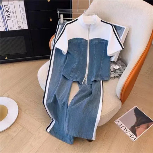 Pant Set Women Two Piece Sets Denim Splice Zipper Matching Sets Casual Coats Wide Leg Long Pants Lace Up Elastic Waist 2025.