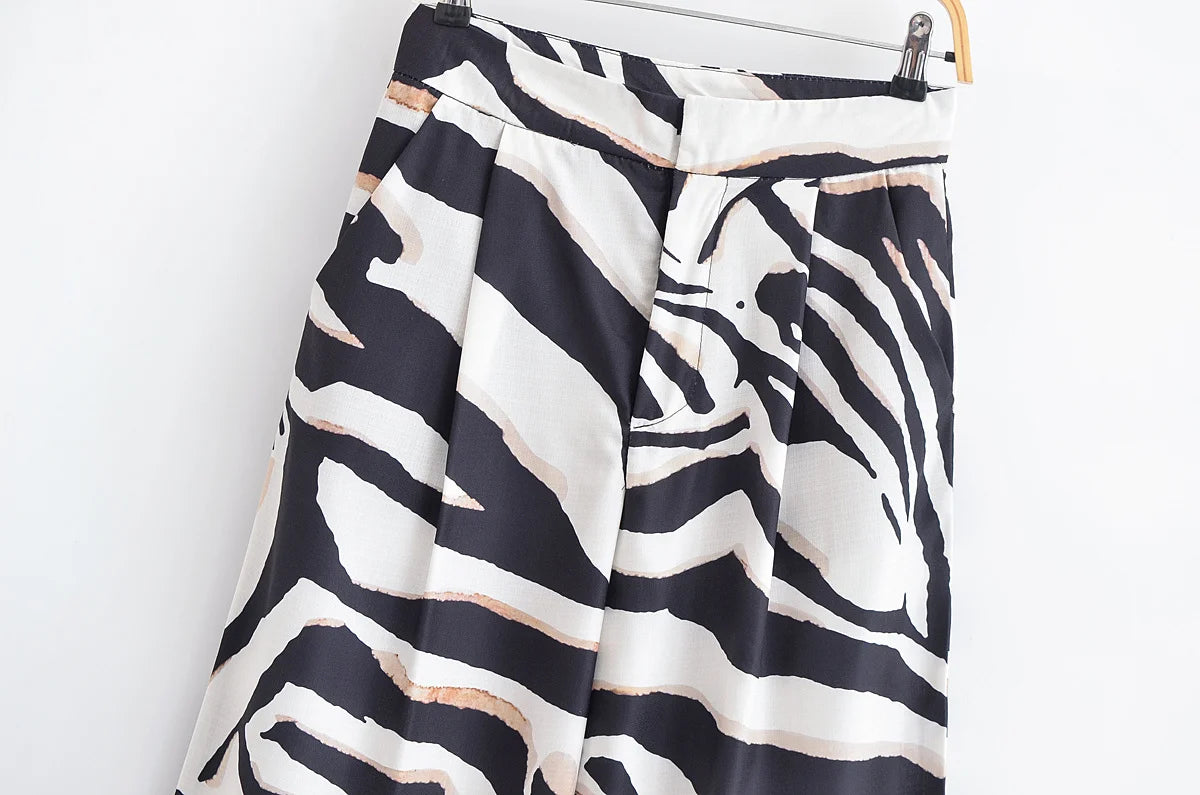 HH Women Pants Suit Fashion Zebra Stripes Single Breasted Sexy Sleeveless V-Neck Top+High Waist Zipper Casual Wide Leg Pants