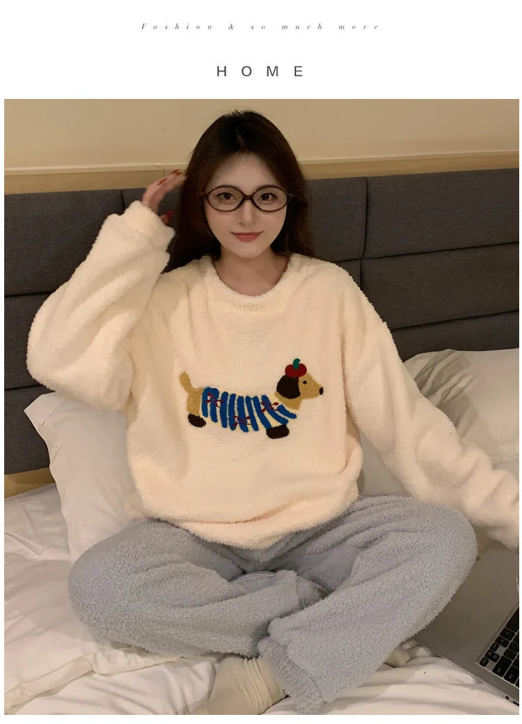 Kawaii Hello Kitty Pajamas Girl Sanrio Long-Sleeved Loungewear Sweet Young Student Girl  Warm Home Clothes Sleepwear Set.