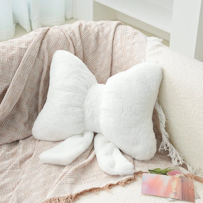 Pink bow ribbon couch pillow imitation rabbit fur comfortable car seat cushion ins style simple all-match back cushion.