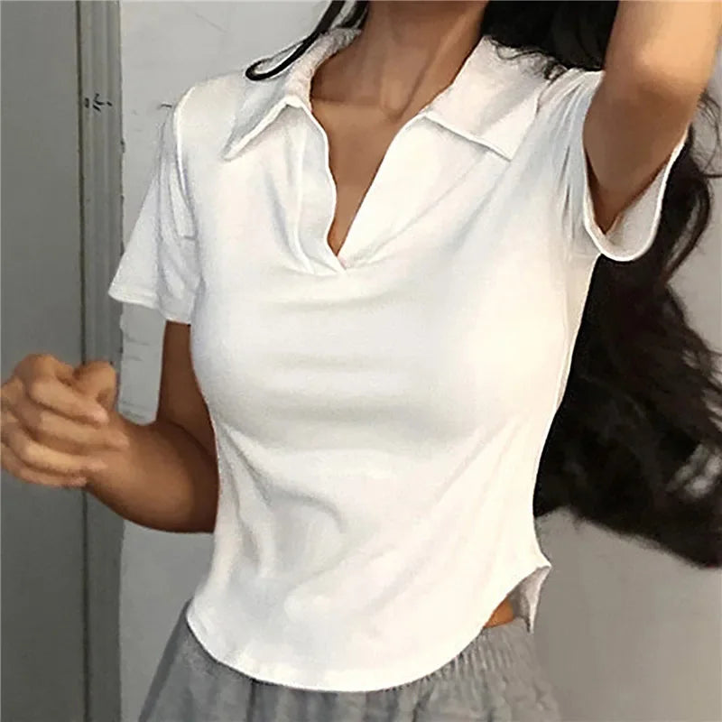 Summer Short Sleeve Lapel Top Women'S Solid V-Neck Pullovers Retro Sweet Shirts Hot Girl Crop Top Female Slim Versatile Tee.